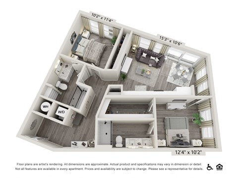 Floor plan for 2 beds, 2 baths, 1016 sqft